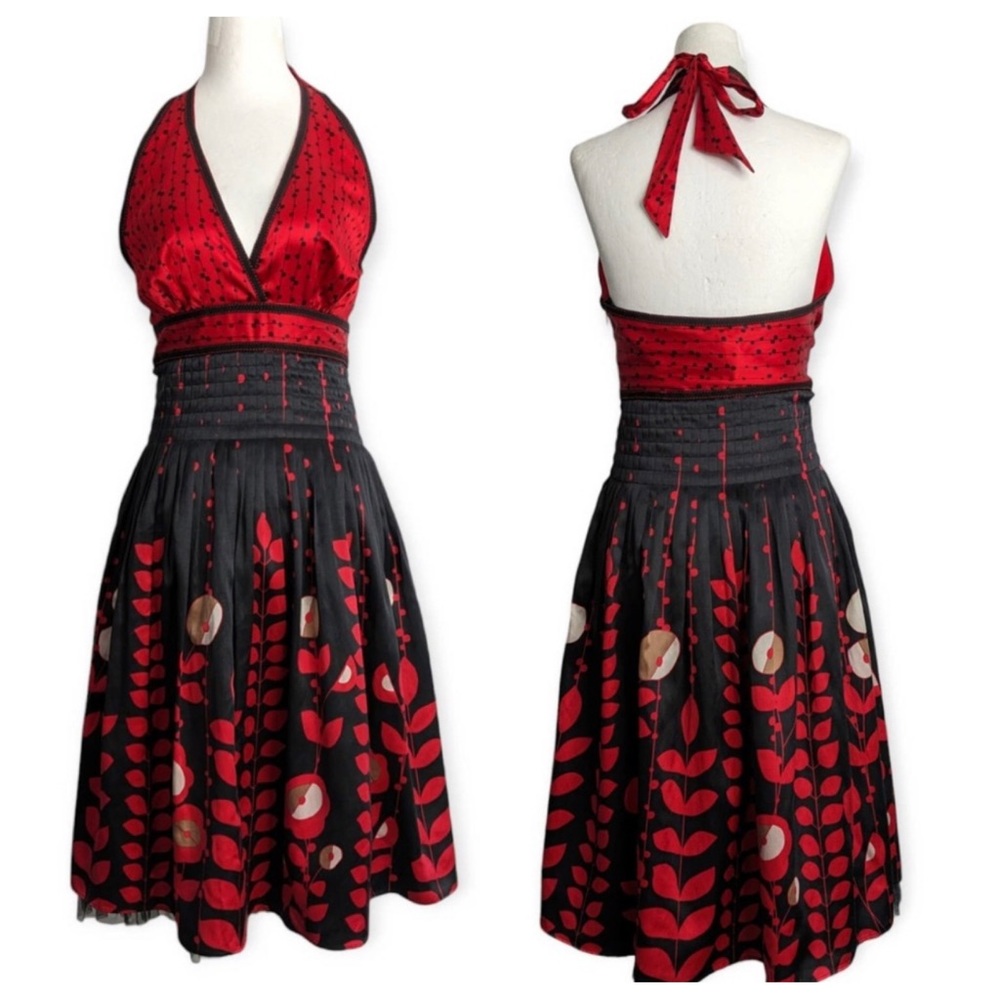 Ted Baker Black Red Floral Silk Blend Halter Dress size 4-6